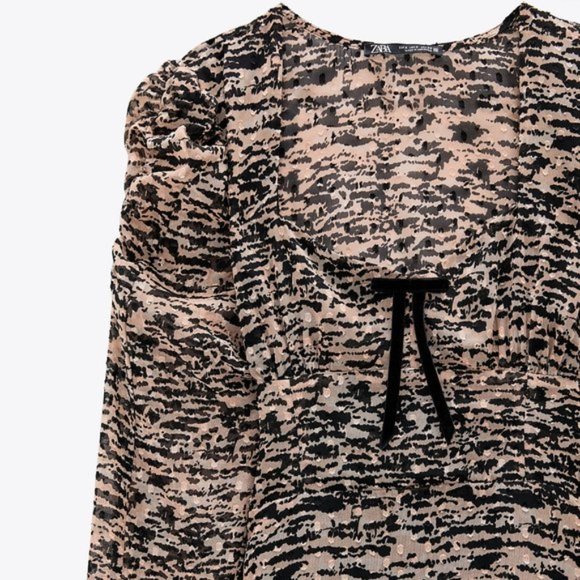 ZARA Animal Print V-Neck Bow Mini Dress - Picture 4 of 7